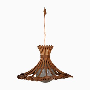 Französische Vintage Bambus Rattan Hängelampe von Louis Sognot, 1950er