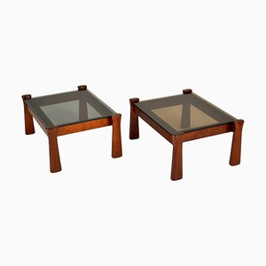 Vintage Italian Oak Side Tables with Tinted Glass Top, 1970, Set of 2