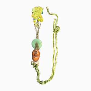 Long Chinese Necklace with Jade Semi-Precious Stones, Bronze and Trimmings by Philippe Ferrandis