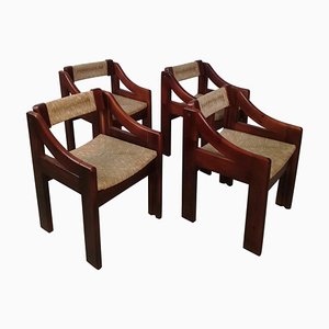 Mid-Century Brutalist Pine and Straw Chairs by Fratelli Montina, Italy, 1960s, 1970s, Set of 4