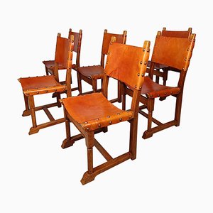 Set of Italian Rustic Chairs in Cognac Studded Leather and Oak, 1930s
