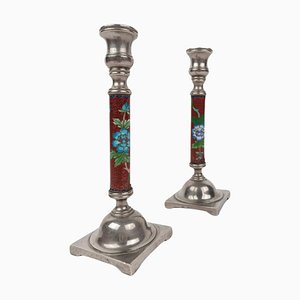 Red Cloisonné and Metal Candlesticks with Birds and Flowers, 1960s, Set of 2