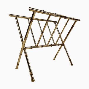 Vintage Gilded Brass & Faux Bamboo Magazine Rack, Italy, 1960s