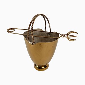 Mid-Century Modern Gilded Ice Bucket with Tong, Italy, 1950s, Set of 2