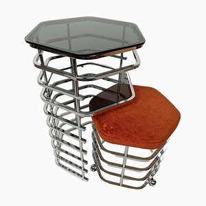 Italian Vanity Table & Seat in Chrome and Smoked Glass, 1970s, Set of 2