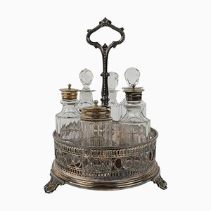 Antique Sheffield England and Silver Plated Cruet Set with Cut Crystal Bottles, Set of 7