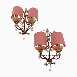 Gilded Sconces with Peachy Pink Opaline Cups, Crystal Beaded and Murano Drops, 1950s, Set of 2