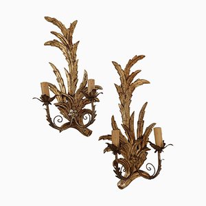 Italienische Wandlampen im florentinischen Barock Stil aus vergoldetem Holz, 1960er, 2er Set