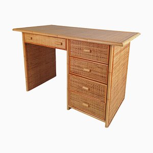 Vintage Italian Writing Desk with Drawers in Bamboo, Rattan and Plywood, 1970s