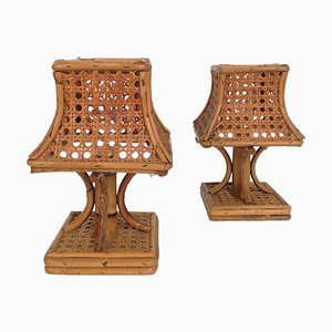 Mid-Century Bedside Table Lamps in Rattan and Wicker Cane Webbing, Italy, 1960s, Set of 2