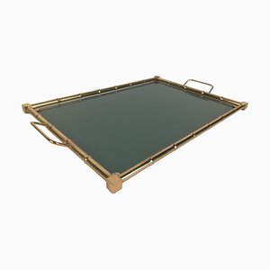 Italian Hollywood Regency Tray in Brass Faux Bamboo and Fumè Glass, 1970s