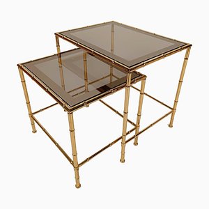 Mid-Century Italian Nesting Tables in Brass, Faux Bamboo and Fumè Mirrored Glass, 1970, Set of 2