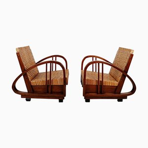 Poltrone Art Deco in teak e canna nello stile di Francis Jourdain, anni '30, set di 2