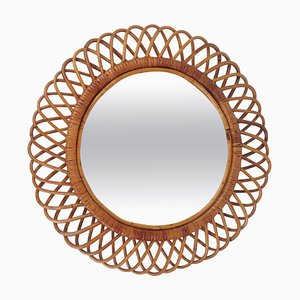 Miroir Mid-Century Rond en Rotin et Bambou, Italie, 1960s