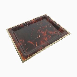 Vintage Serving Tray in Faux Tortoiseshell Acrylic Glass and Brass, Italy, 1970s