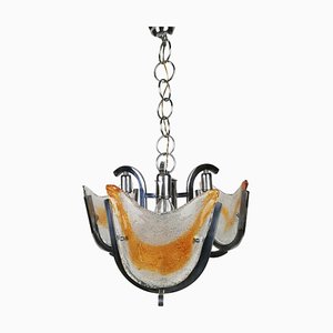 Lampadario in vetro di Murano e metallo cromato in stile Mazzega, Italia, anni '70