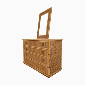 Italian Chest of Drawers with Mirror in Bamboo Wicker & Brass attributed to Dal Vera, 1970s