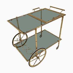 Mid-Century Modern Gilded Brass Faux Bamboo Bar Cart with Removable Tray Top, 1970s