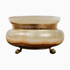 Italian Carved Round Green Onyx Marble Box with Gilded Lionfeet, 1950s