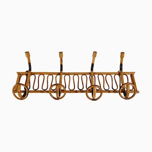 Mid-Century Italian Riviera Rattan and Bamboo Wall Coat Rack / Wall Hanger, 1960s