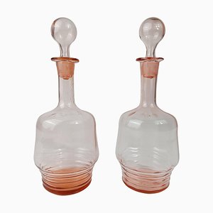 Italian Peach Pink Decanters / Bottles in Handblown Glass, 1930s, Set of 2