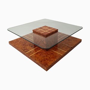 Italian Square Coffee Table Inlaid with Elm Burl and Oak Burl with Glass, 1970s