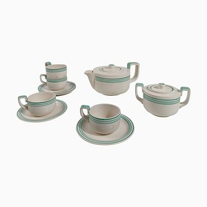 Italian Art Deco Tea Set attributed to Richard Ginori in White and Tiffany Green Majolica, 1930s, Set of 10