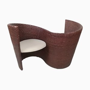 Canapé Postmoderne Vis À Vis en Tissé Main, Cuir, Bois et Bambou attribué à Nico Devito, 1980s