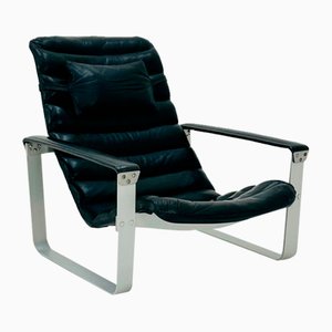 Chaise Pulkka Mid-Century en Cuir Noir par Ilmari Lappalainen pour Asko, 1960