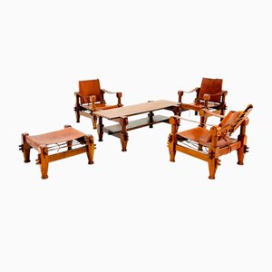 Chaises Safari Brutaliste Mid-Century en Cuir Cognac, 1960s, Set de 5