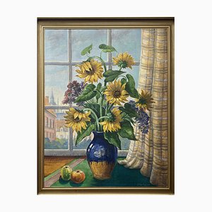 F. Augustinus, Still Life of Sunflowers in Vase Next to Window, 1947, Oil on Canvas, Framed