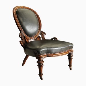 Antique Victorian Grey Leather & Walnut Library Chair with Carved Motifs, Brass Studs & Ceramic Castors, 1870s