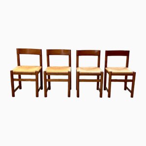 Straw & Elm Chairs, 1950s, Set of 4