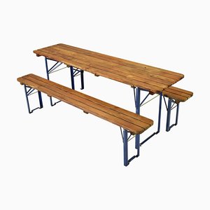 Vintage German Folding Garden or Picnic Table and Benches, 1970s, Set of 3
