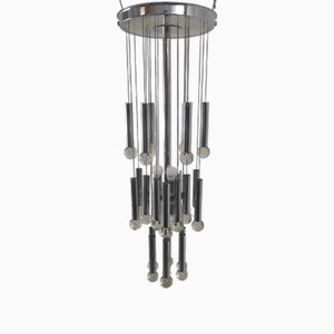 Chandelier with Chrome Tube and Glass Ball attributed to Gaetano Sciolari, Italy, 1970s