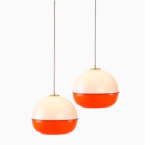 Italian Space Age Orange Acrylic Glass and Brass Pendant Lamp, 1970s