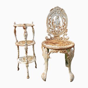 Antique French Cast Iron Chair with Table, Set of 2