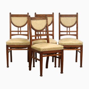 Antique Art Nouveau Style Dining Chairs with Light Skai Leather Upholstery, Set of 4