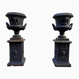 Large Antique French Baroque Cast Iron Vases on Column Castle Planters, Set of 4
