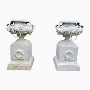 Antique Cast Iron Vases on Columns with Lion Head and Flowers, Set of 4