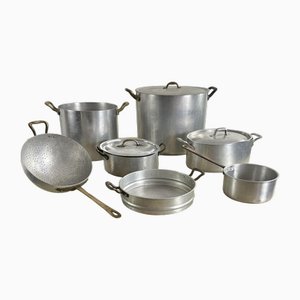 Ollas de cocina Mid-Century de aluminio y cobre, años 30. Juego de 7