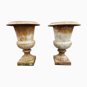 Large Cast Iron Garden Planters with Patina, Set of 2