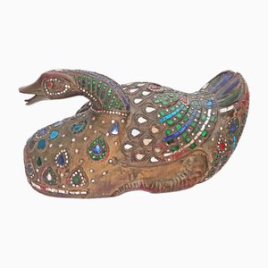 Large Mirror Mosaic Lucky Duck in Wood, 1970s