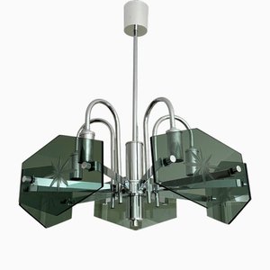Hollywood Regency Chrome Plated and Smoked Glass Chandelier, 1970s