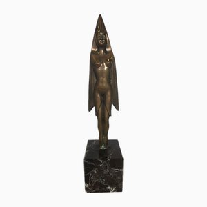 Stylized Female Figure in Burnished and Gilded Bronze on a Black Marquina Marble Base by Franco Russo, 1978
