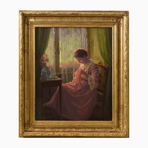 Henri-Charles Angéniol, Porträt einer jungen Frau beim Nähen, Öl auf Holz, 20. Jh., gerahmt