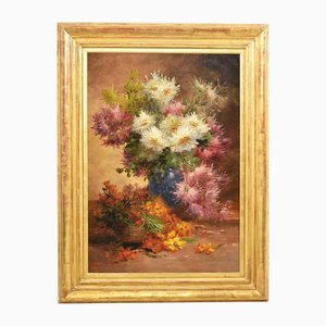 Dahlias and Little Roses, Large Oil on Canvas, 19th Century, Framed