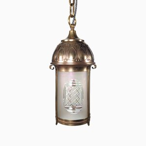 Antique Art Nouveau Dutch Brass and Cut Iridescent Glass Lantern Pendant Lamp, 1920s