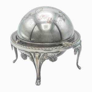 Antique English Caviar Dome in Silver-Plated Glass, 1910s