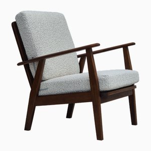 Fauteuil en Tissu d'Ameublement Blanc et Hêtre, Danemark, 1960s